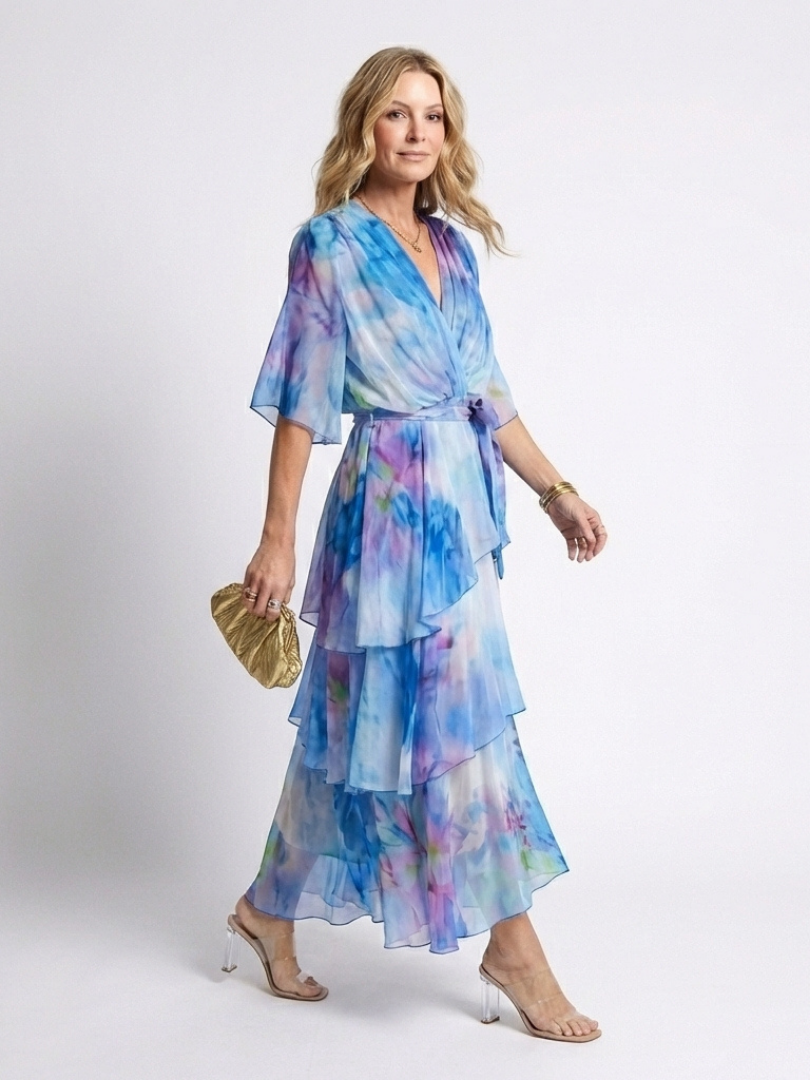 Blue and pink tie-dye sheer maxi dress with V-neck, layered tiers, tie waist