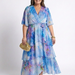 Blue tie-dye sheer maxi dress with V-neck, tie waist belt, layered tiered skirt