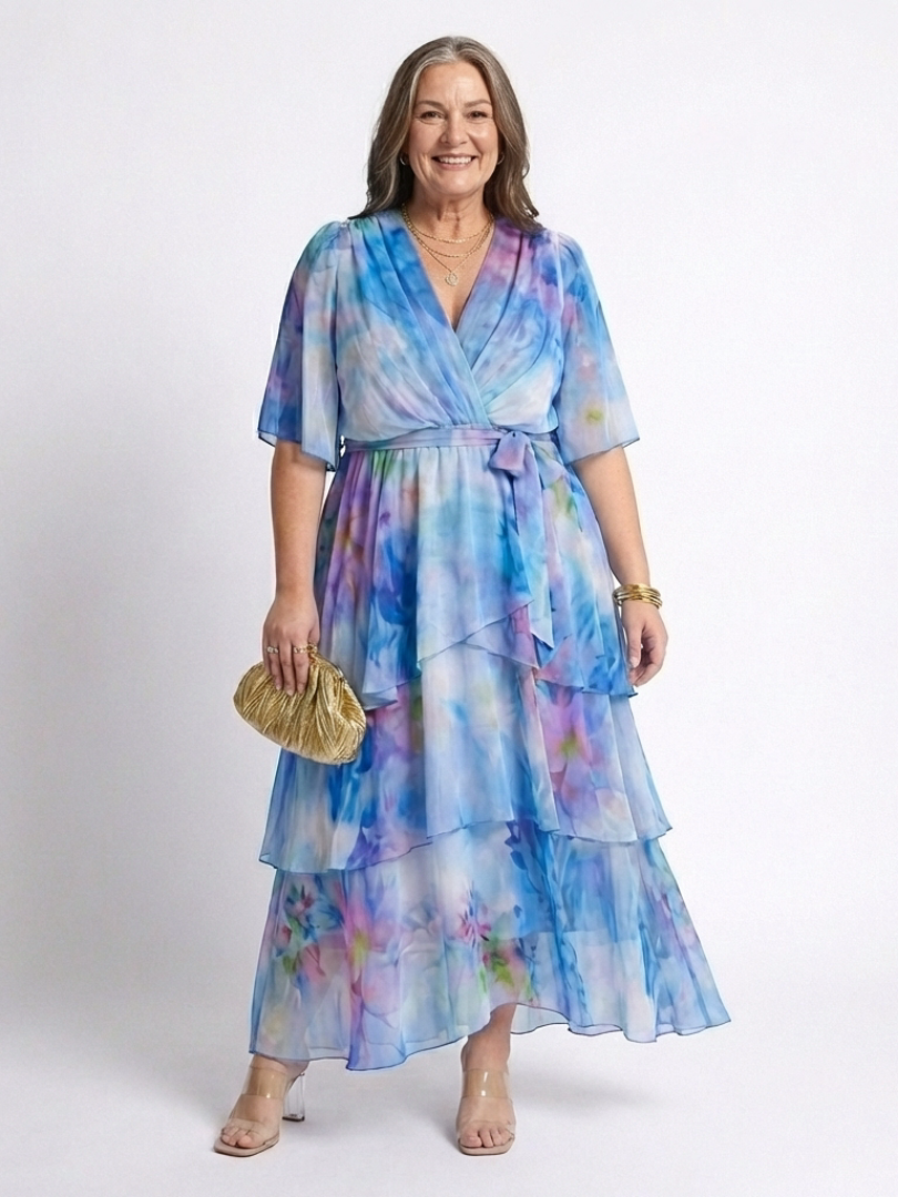 Blue tie-dye sheer maxi dress with V-neck, tie waist belt, layered tiered skirt