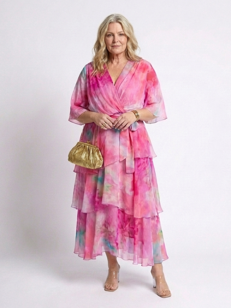 Pink tie-dye sheer maxi dress with V-neck, tie waist, layered tiers and ruffles