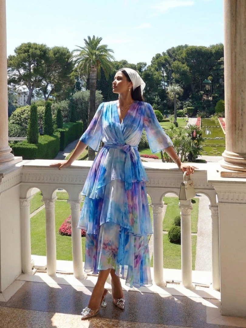 Blue tie-dye sheer maxi dress with V-neck and tie waist, layered tiers, side view