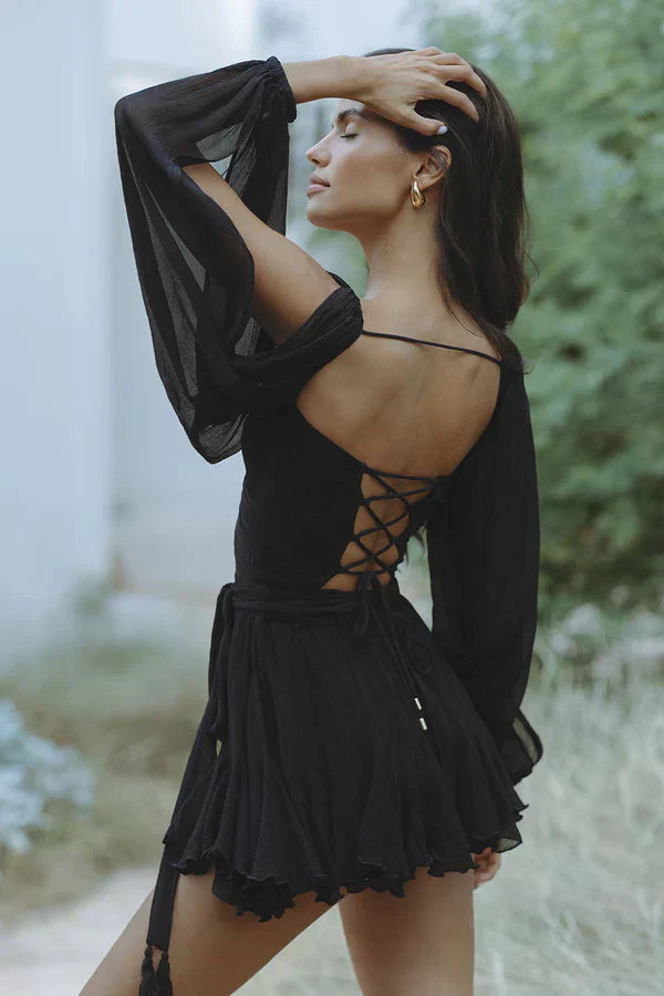 Black summer dress with crisscross back lace-up and flared skirt