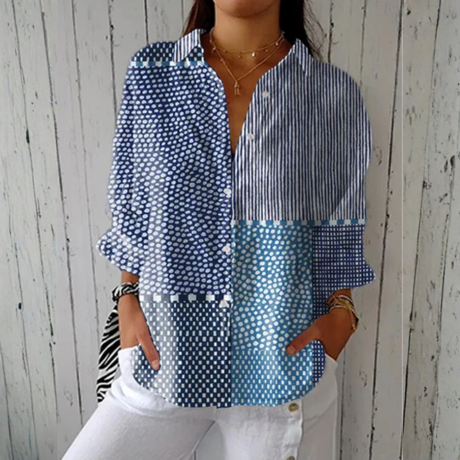 Sophie™ ocean patchwork blouse with blue stripe, dot, and check panels, V-neck buttons