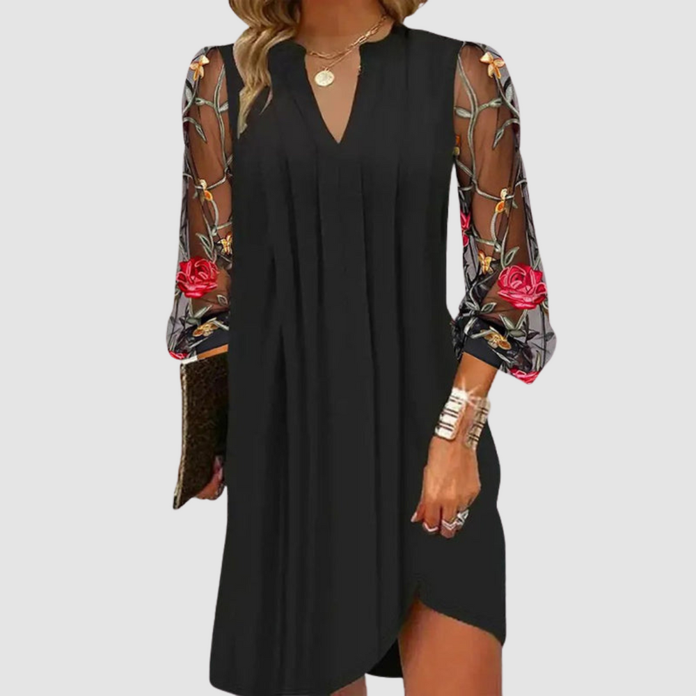 Black V-neck midi dress with rose-print sleeves and asymmetrical side slit hem