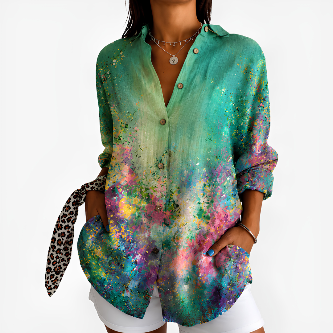 Watercolor splash blouse in teal with button-front collar and long sleeves