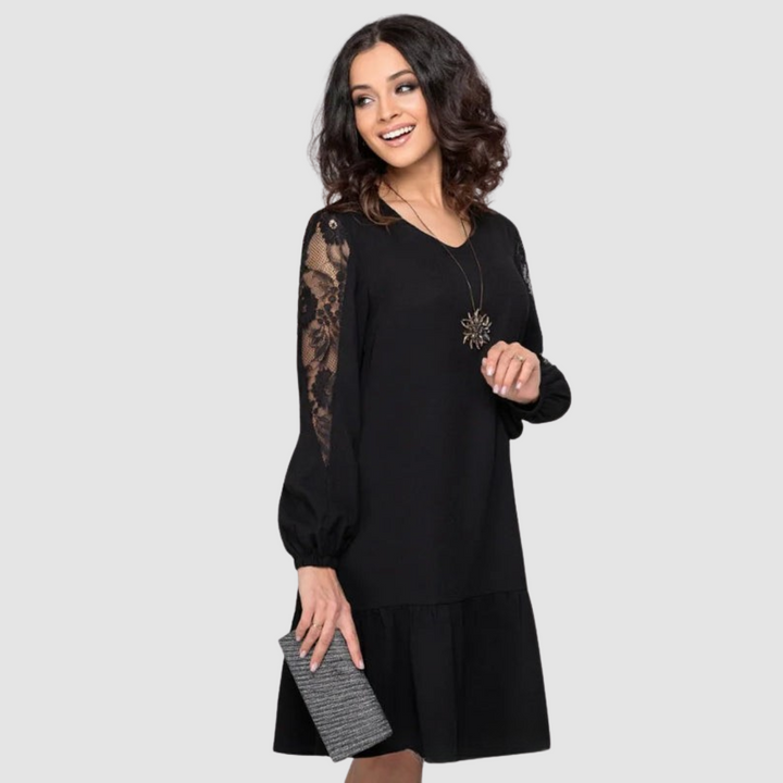 Black lace-sleeve midi dress with tiered hem and long puff sleeves
