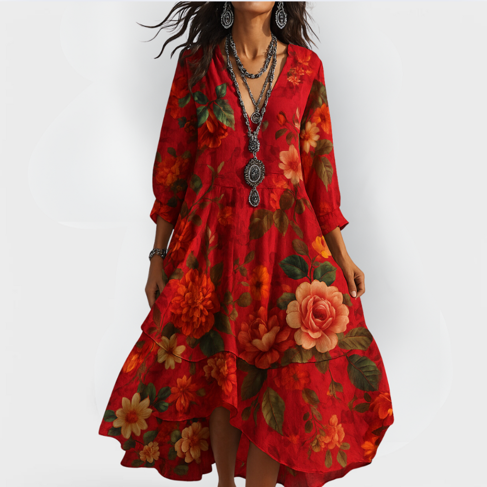 Red floral tiered dress with long sleeves, V-neck and layered asymmetrical hem