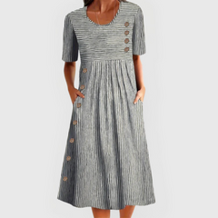 Black-and-white striped dress, round neck, short sleeves, button-front midi flare skirt