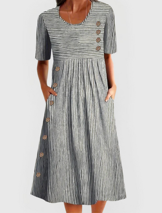 Black-and-white striped dress, round neck, short sleeves, button-front midi flare skirt