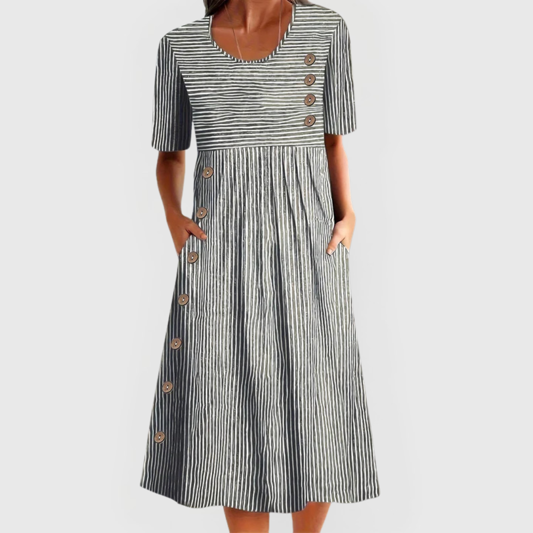 Black-and-white striped dress, round neck, short sleeves, button-front midi flare skirt