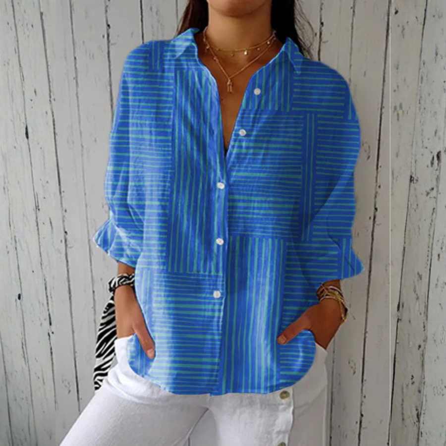 Blue striped button-front blouse with V-neck and chest pockets, three-quarter sleeves