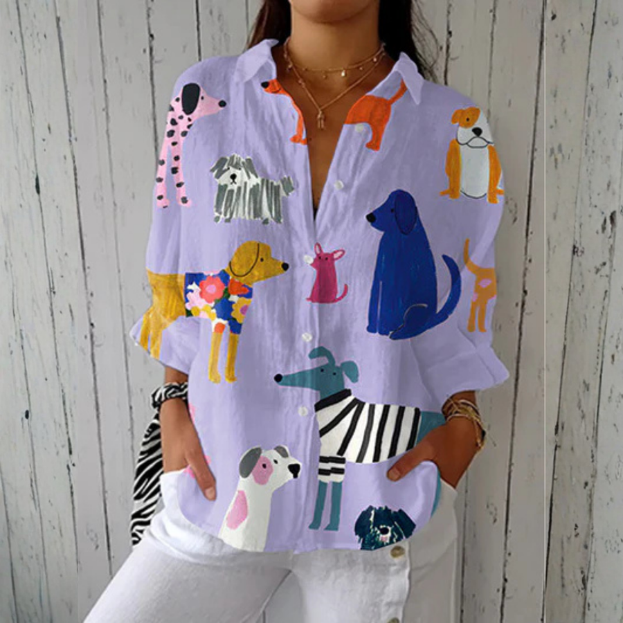 Purple animal-print button-up blouse with collar and long sleeves