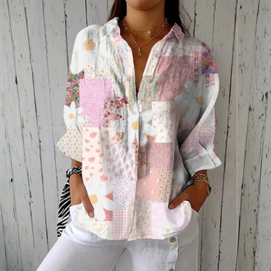 Stephanie™ patchwork daisy blouse, long-sleeve button-front in multicolor print