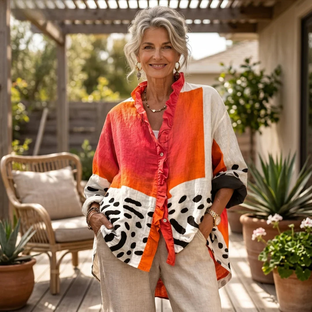 Relaxed summer tunic with ruffle button-front, orange-red/white color-block and zebra print front