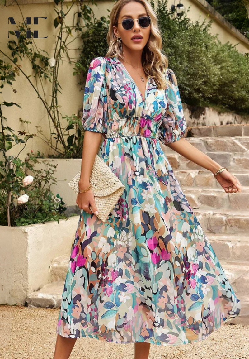 Floral midi dress with short sleeves and elastic waist; blue, pink, and purple foliage print