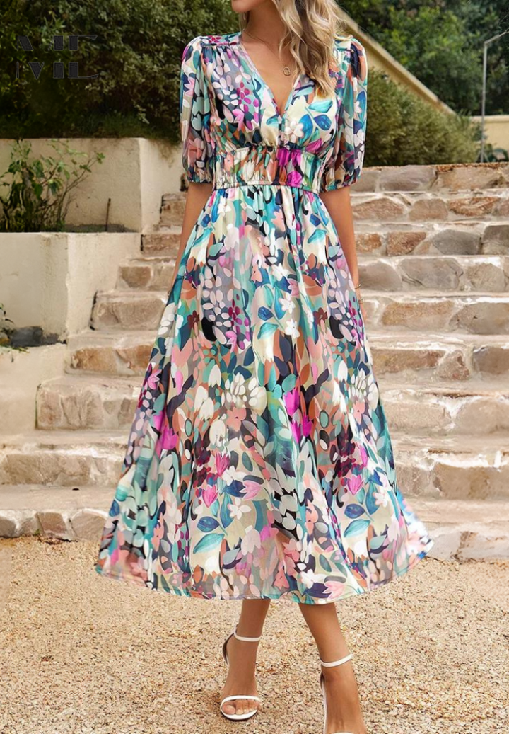 Floral midi dress with V-neck and short sleeves; blue base with pink and purple flower print