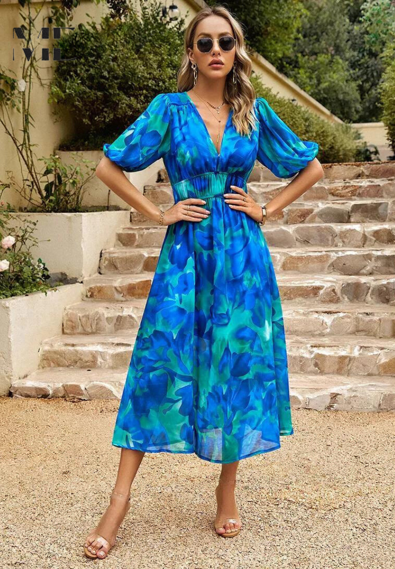 Blue watercolor floral midi dress with V-neck, puff sleeves, and cinched waist