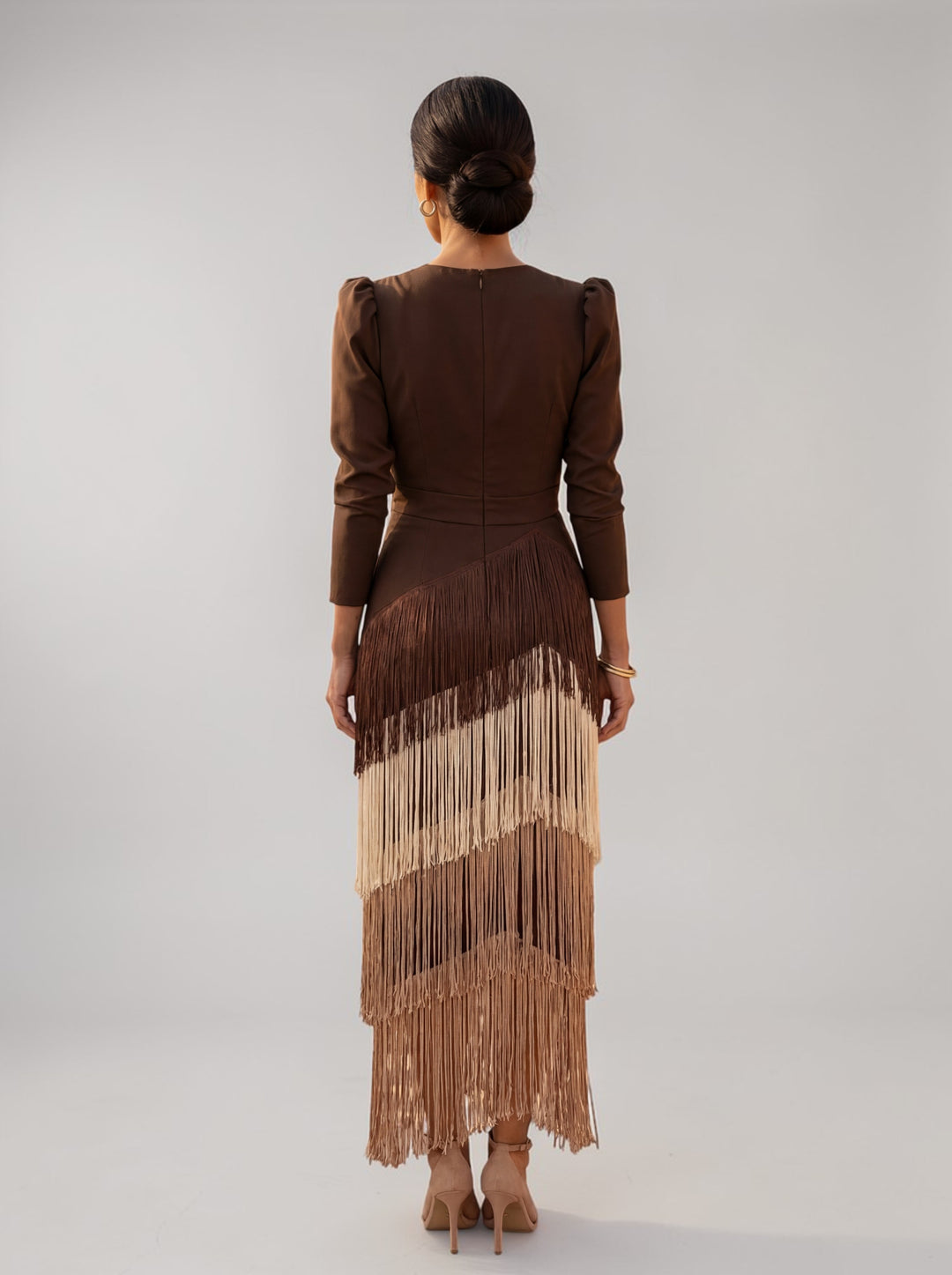 Elegant fringe dress in brown, back view with long sleeves and layered fringe tiers