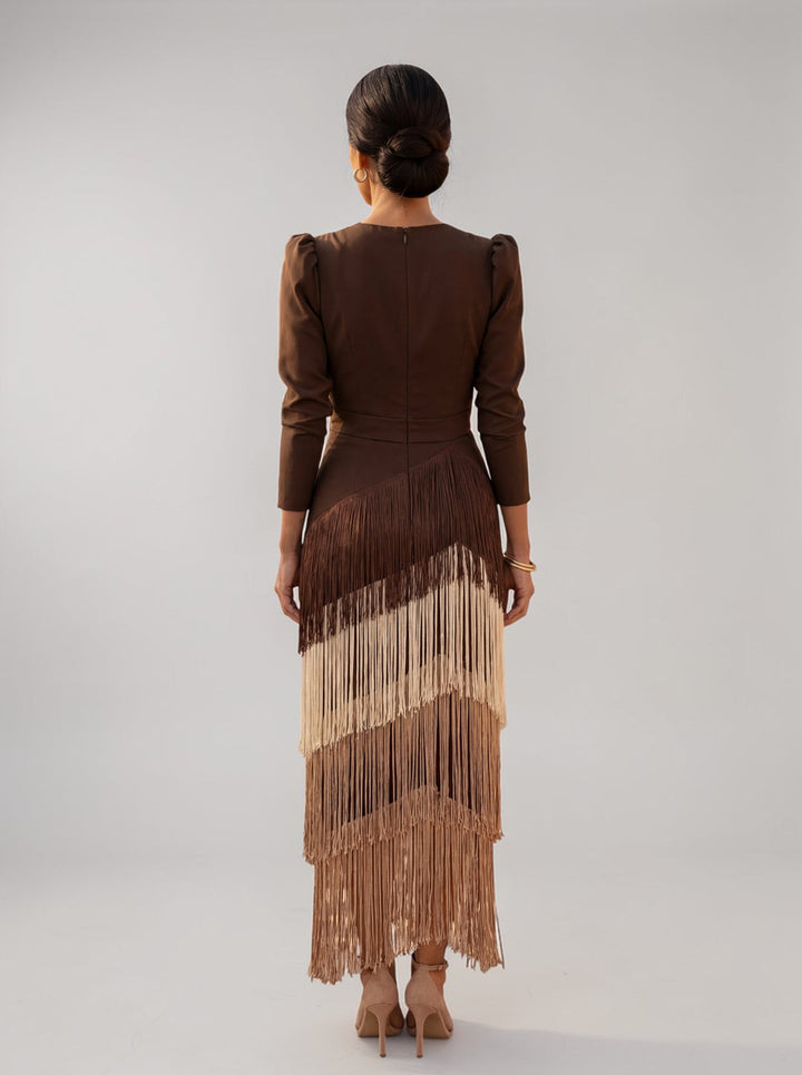 Elegant fringe dress in brown, back view with long sleeves and layered fringe tiers