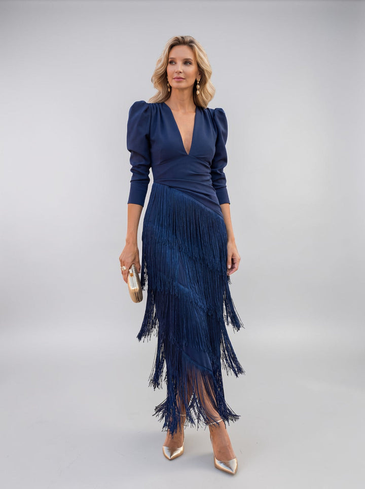 Elegant fringe dress in blue, V-neck with puff sleeves and layered fringe hem