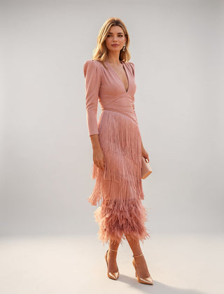 Elegant fringe dress in pink, V-neck long sleeves and tiered tassel fringe skirt