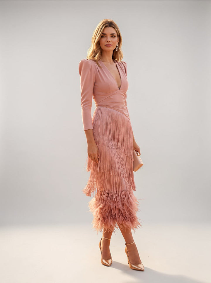 Elegant fringe dress in pink, V-neck long sleeves and tiered tassel fringe skirt