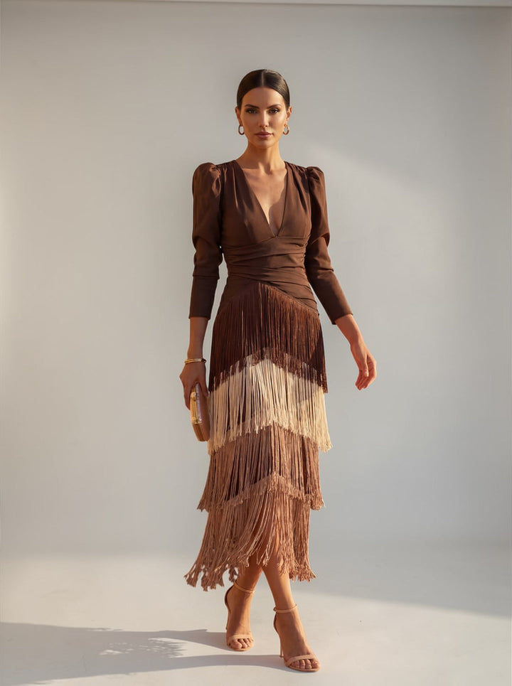 Regina™ elegant fringe dress in brown, V-neck with long sleeves and tiered fringe hem