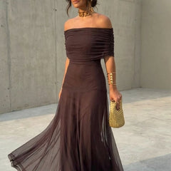 Off-shoulder maxi dress, dark brown, ruched neckline and flowing sheer tiered skirt