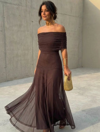 Off-shoulder maxi dress, dark brown, ruched neckline and flowing sheer tiered skirt