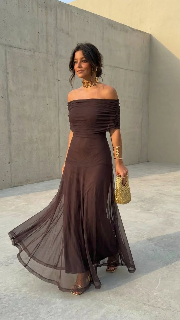 Off-shoulder maxi dress, dark brown, ruched neckline and flowing sheer tiered skirt