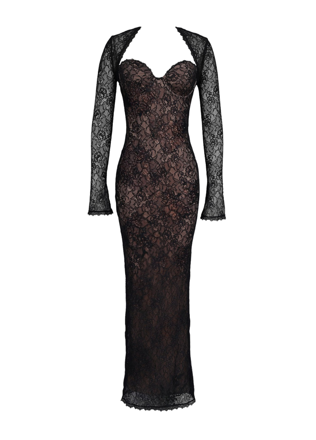 Black lace maxi dress with long sleeves and sweetheart lace bodice