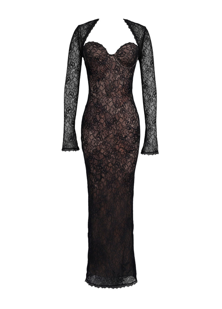 Black lace maxi dress with long sleeves and sweetheart lace bodice