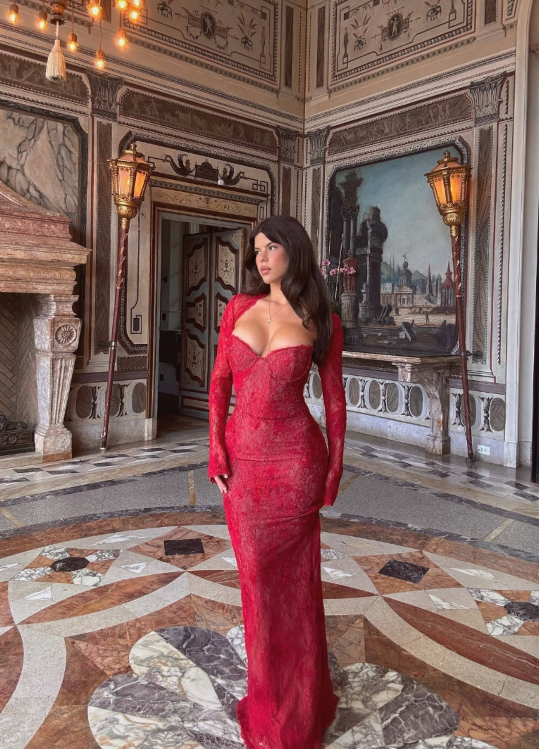 Red lace maxi dress with sweetheart neckline and long lace sleeves