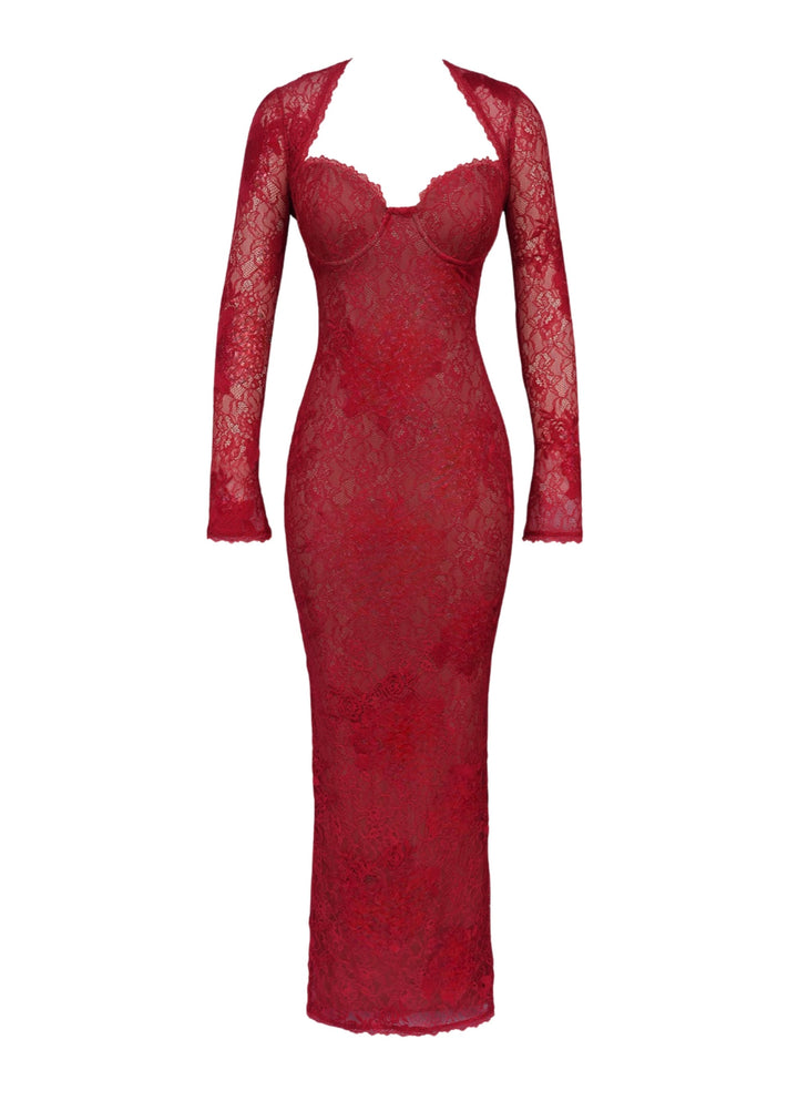 Red lace maxi dress with long lace sleeves and sweetheart neckline