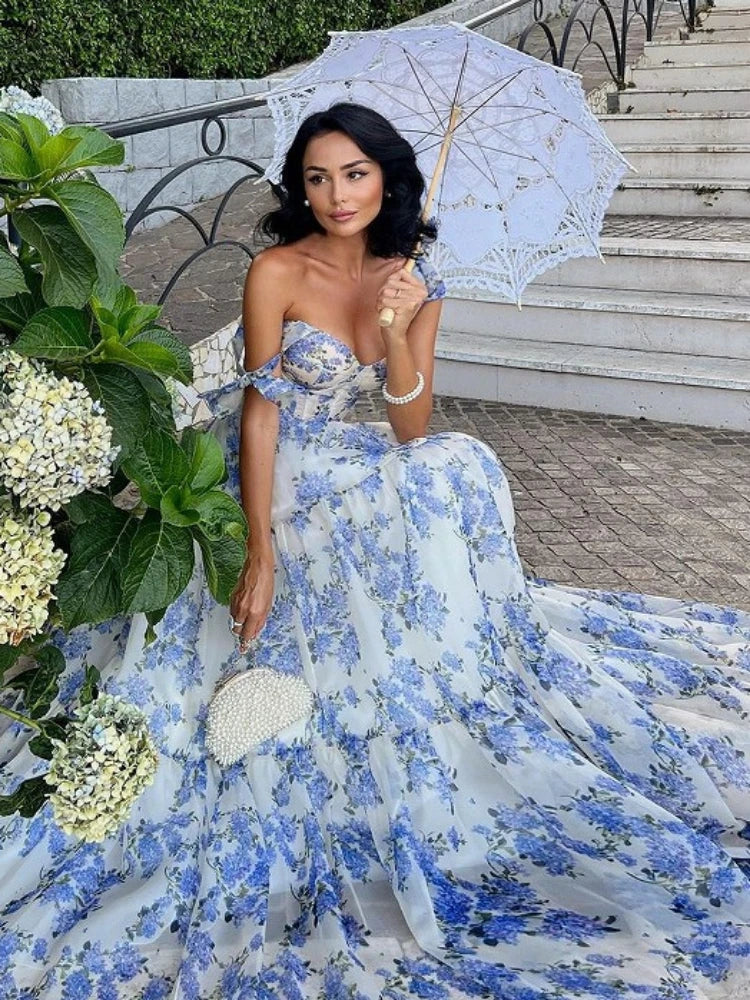 Prema enchanted sleeveless waist dress, blue floral print with tiered ruffles
