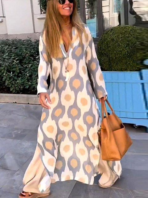 Women's long-sleeve summer dress, white with tan circle print