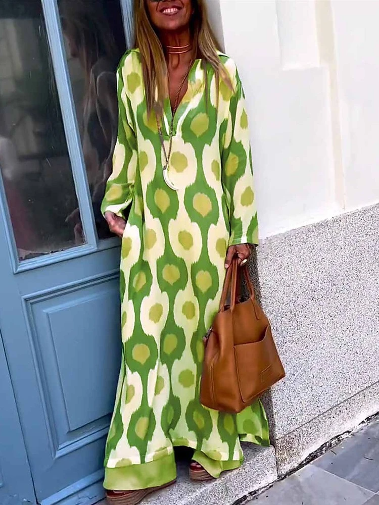 Women's long-sleeve summer dress, green with white circle print