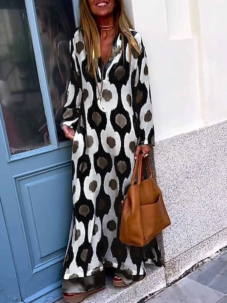 Women's long-sleeve summer dress, black with white circle print
