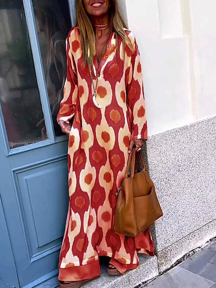 Women's long-sleeve summer dress, red with cream circle print
