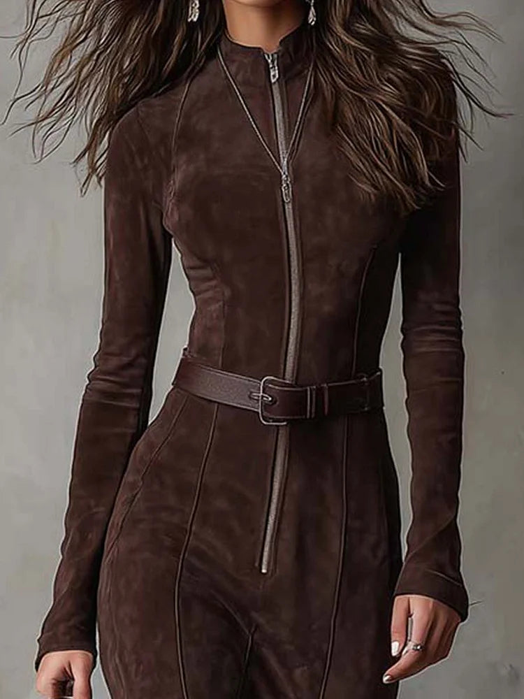 Chocolate brown suede maxi dress with front zip, waist belt, and long sleeves