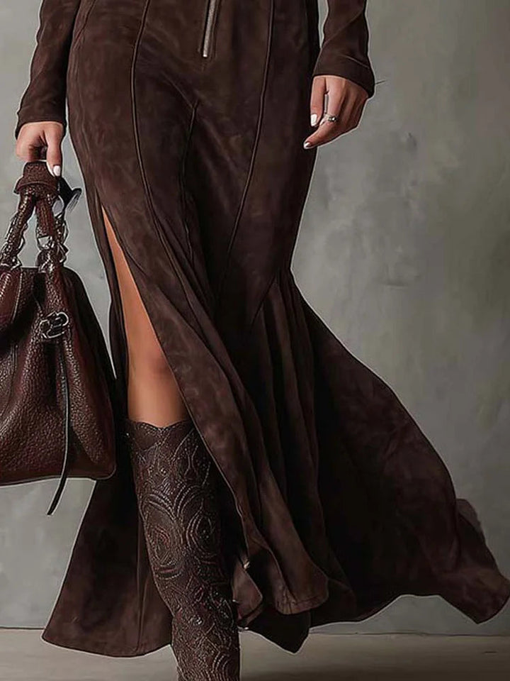 Chocolate suede maxi dress with front slit, long skirt hem, and belted waist