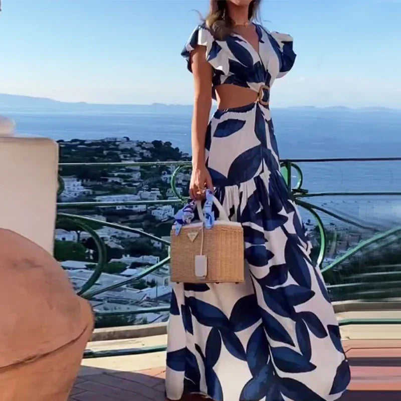 Women's blue-and-white leaf print maxi dress with ruffled sleeves and V-neck