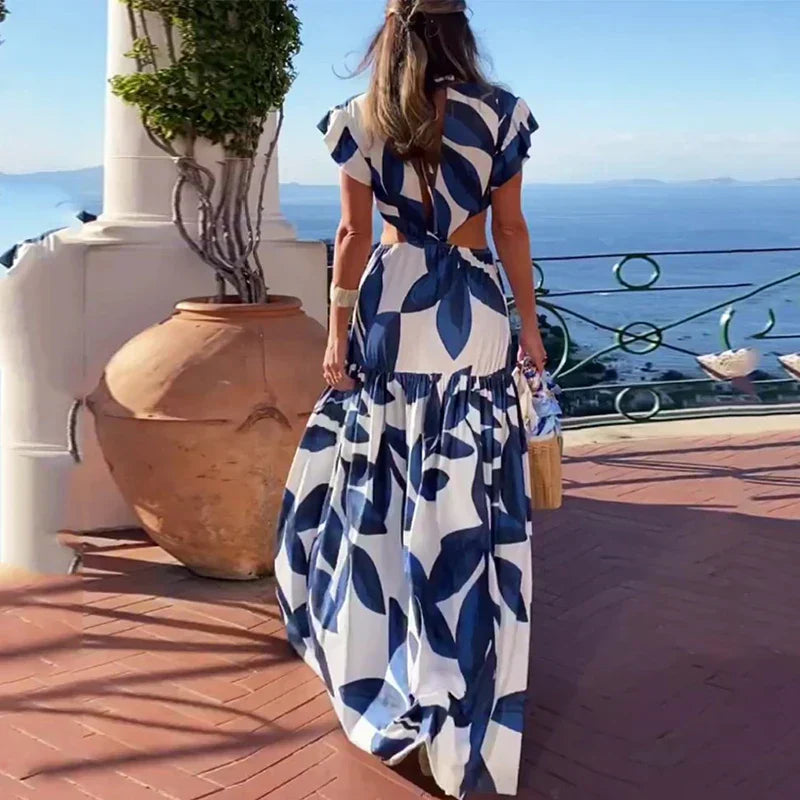Women's blue-and-white leaf print V-neck maxi dress with ruffle sleeves and tied waist