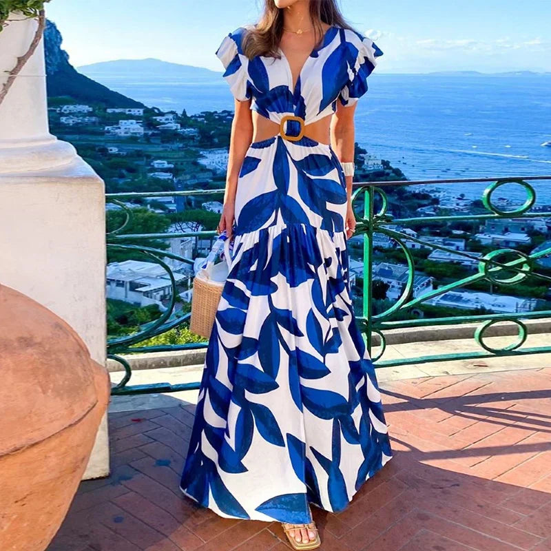 Women's blue-and-white leaf print maxi dress with V-neck, ruffled sleeves, tiered skirt