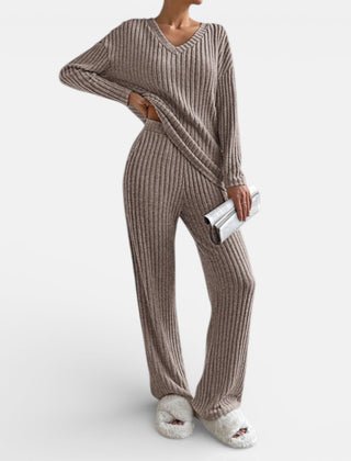 Brown ribbed knit loungewear set with V-neck long-sleeve top and wide-leg pants
