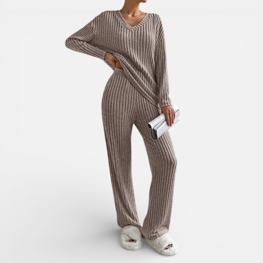 Brown ribbed knit loungewear set with V-neck long-sleeve top and wide-leg pants