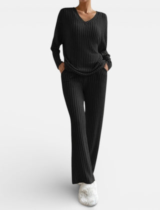 Black ribbed knit loungewear set with V-neck long-sleeve top and wide-leg pants
