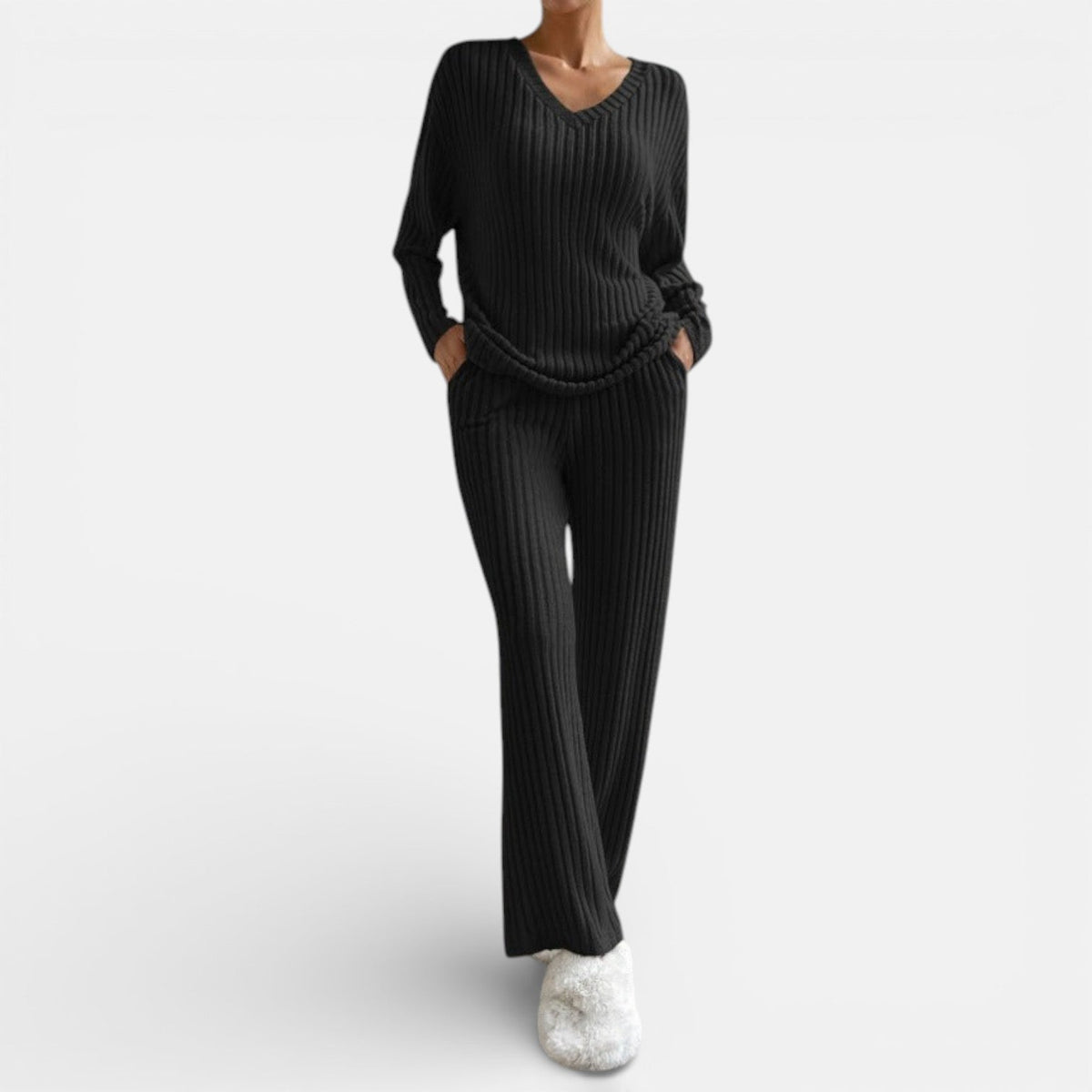 Black ribbed knit loungewear set with V-neck long-sleeve top and wide-leg pants