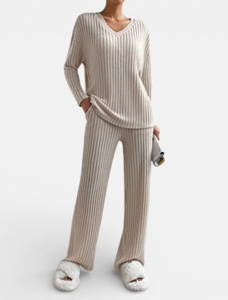 Beige ribbed knit loungewear set with V-neck long-sleeve top and wide-leg pants
