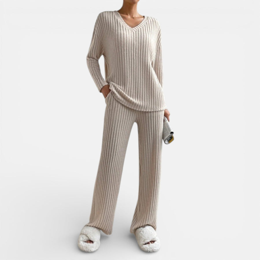 Beige ribbed knit loungewear set with V-neck long-sleeve top and wide-leg pants